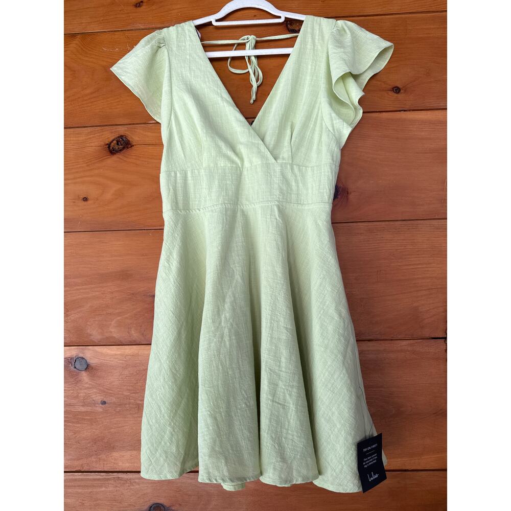 Lulu's Light Green V-Neck Flutter Sleeve Mini Dress